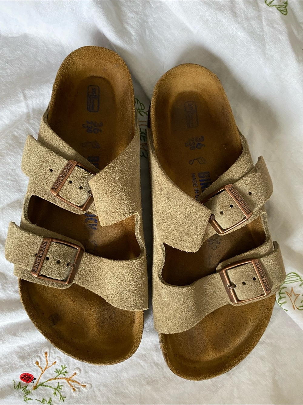 Birkenstock women’s Two-Strap Suede Sandals in Tan size 36
